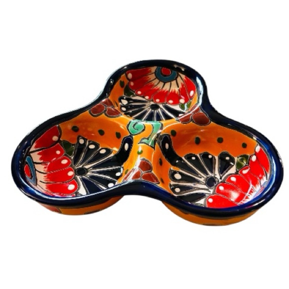 Mexican Talavera Red Clay Serving Tray Talavera Poblana THREE-WAY Dipping Dish